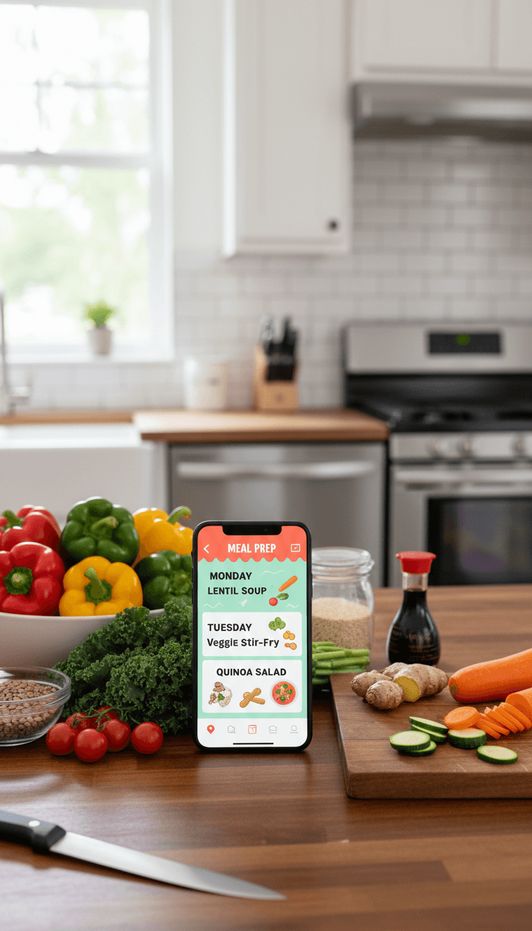 Phone showing a meal plan next to fresh ingredients