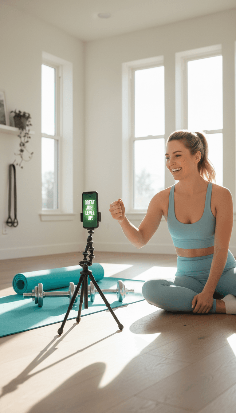 Woman following a workout on her phone with AI guidance