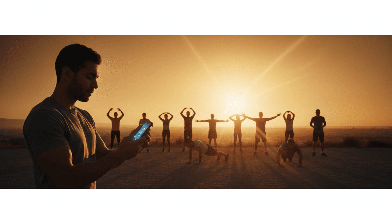 People exercising outdoors at sunrise, one using a smartphone