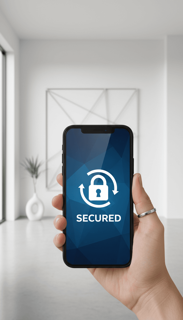 Person holding smartphone with security lock icon on screen