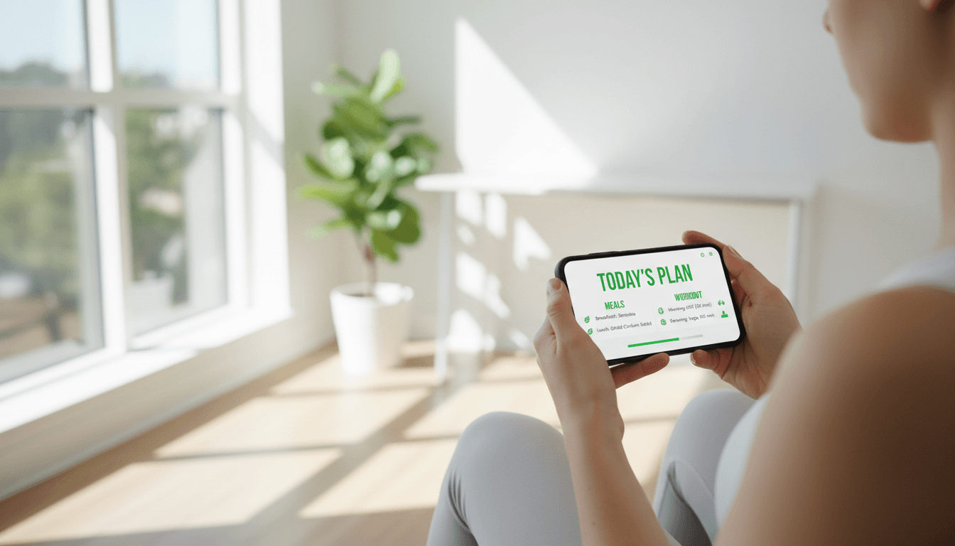 Person holding a smartphone showing a fitness app with a meal plan and workout routine