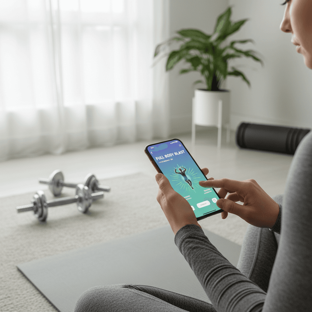 Person holding phone with fitness app