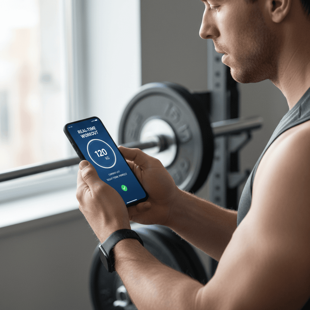 Person using fitness app on phone in home gym