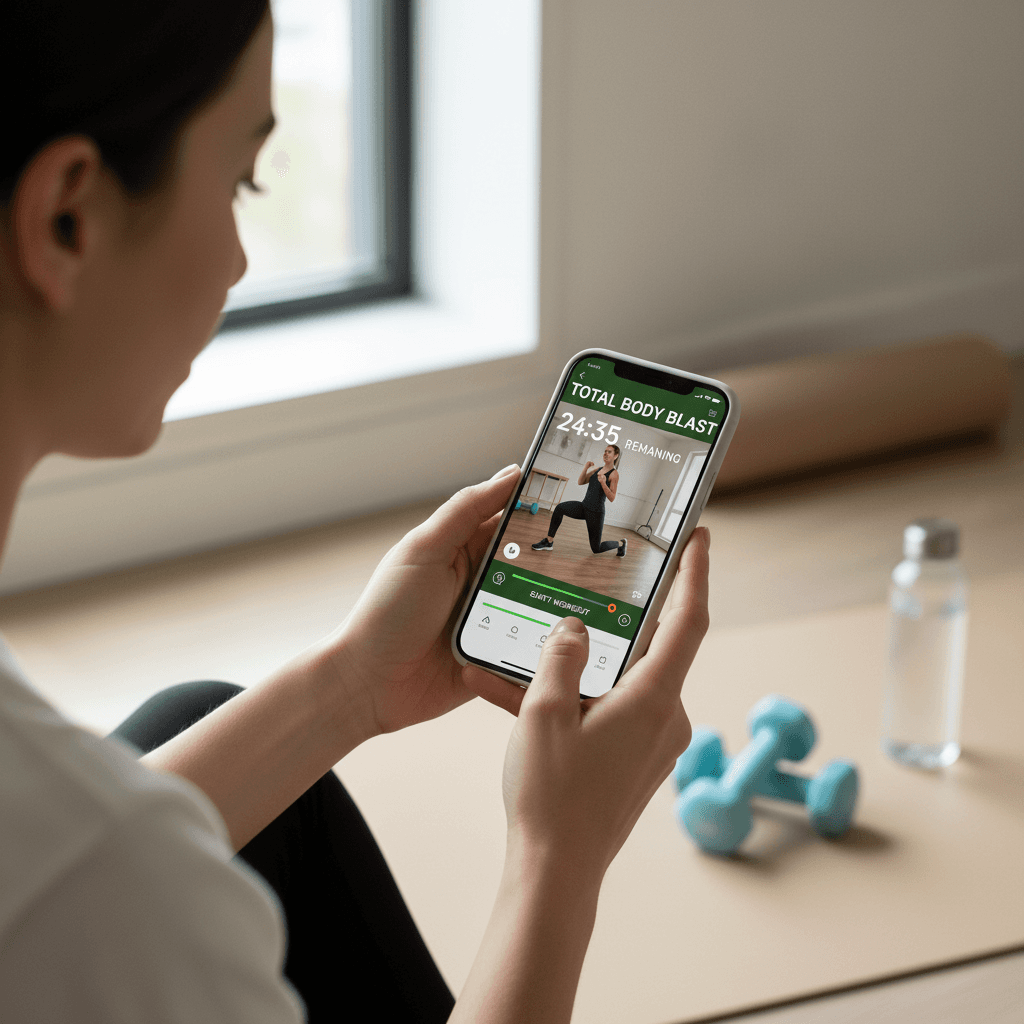 Person holding a phone showing a fitness app in a bright modern home