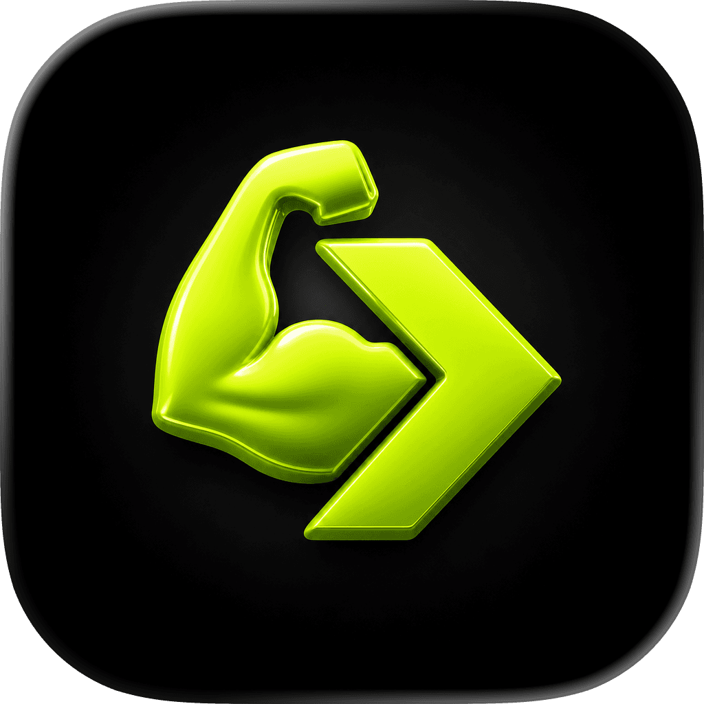 Glossy lime green flexed bicep arm and right-pointing arrow icon on a black background.